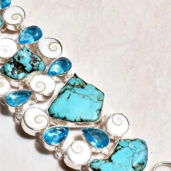 Gorgeous Tibetan Turquoise + Shiva Shell + Blue Topaz cluster statement cuff - Picture 8 of 11
